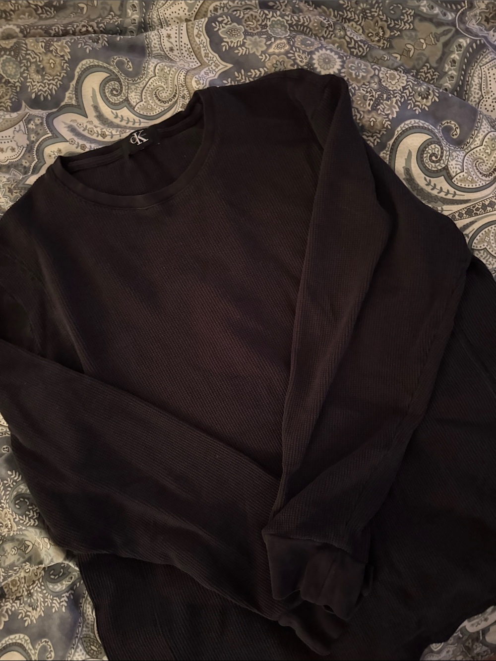 Calvin Klein Black Waffle-Knit Long Sleeve Crew Shirt